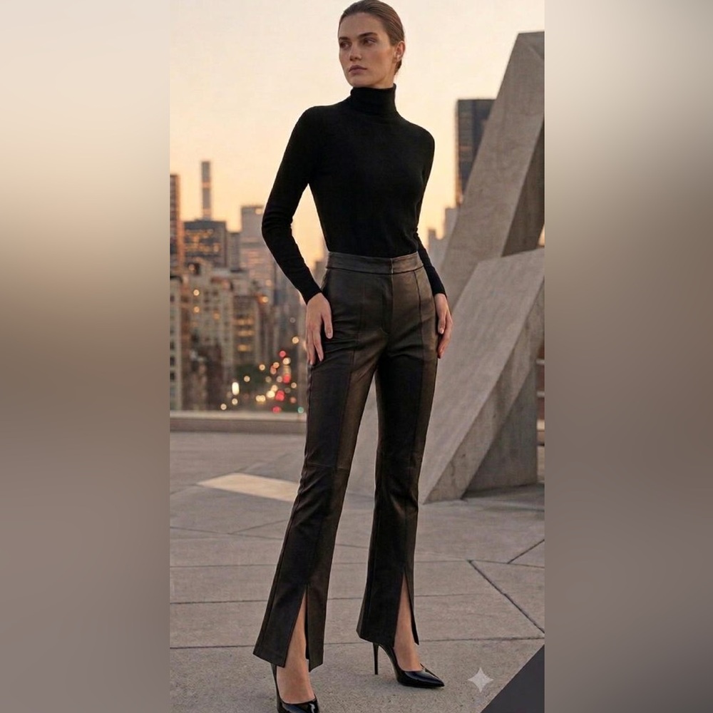 TWP genuine lamb leather slightly flared black pant, size 2